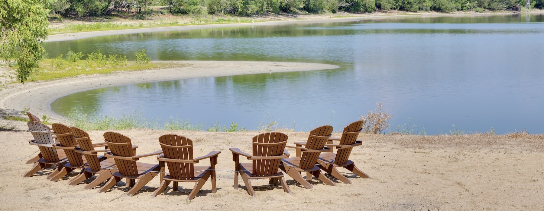 a water front with chairs